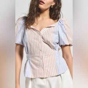 Derek Lam Pastel Striped Puff Sleeve Blouse